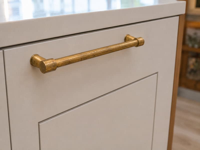 Close-up of salt-air corrosion patina on solid brass cabinet hardware in a coastal kitchen