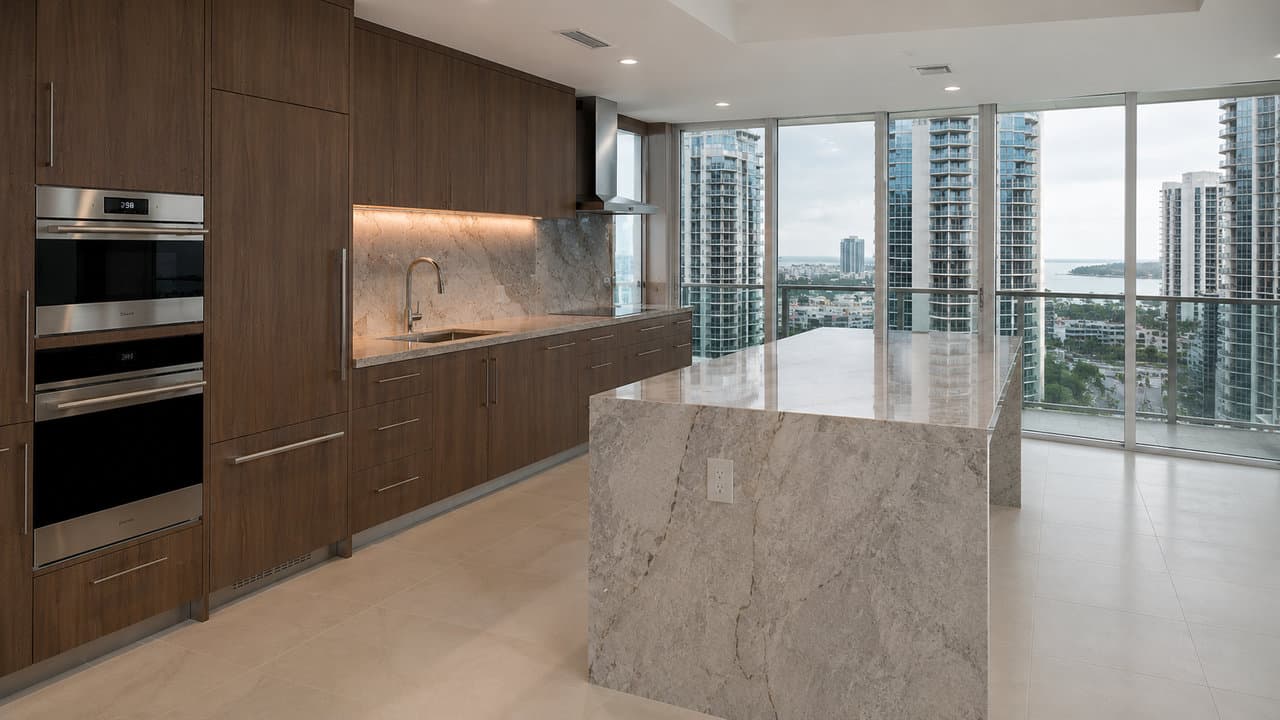 Condo kitchen with white shaker cabinetry, a calacatta waterfall island and full-height backsplash